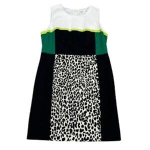 Calvin Klein Sleeveless Black Green White Leopard Midi Shift Dress - EUC
